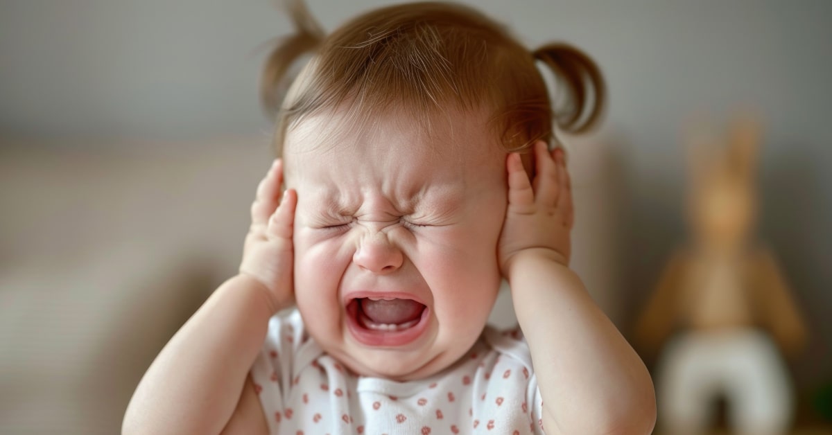 Bambina che piange disperata tenendosi le mani sulle orecchie