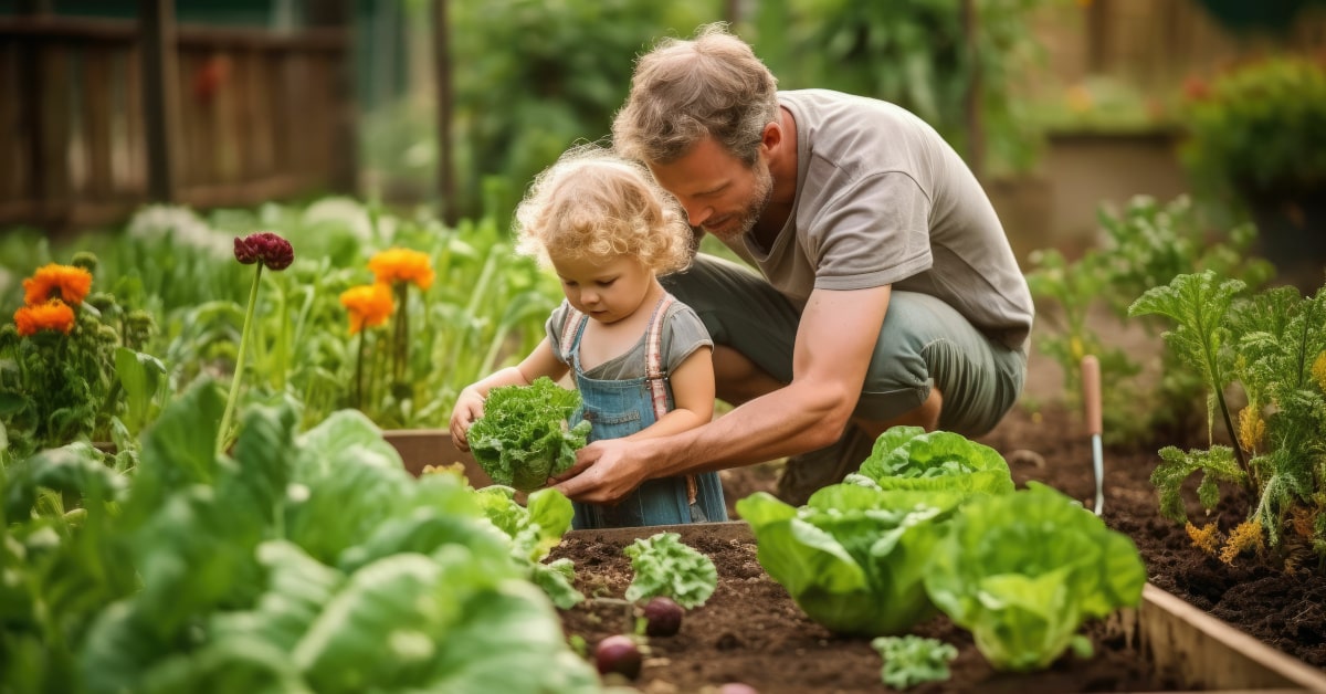 Babbo e figlia nell'orto mentre raccolgono l'insalata