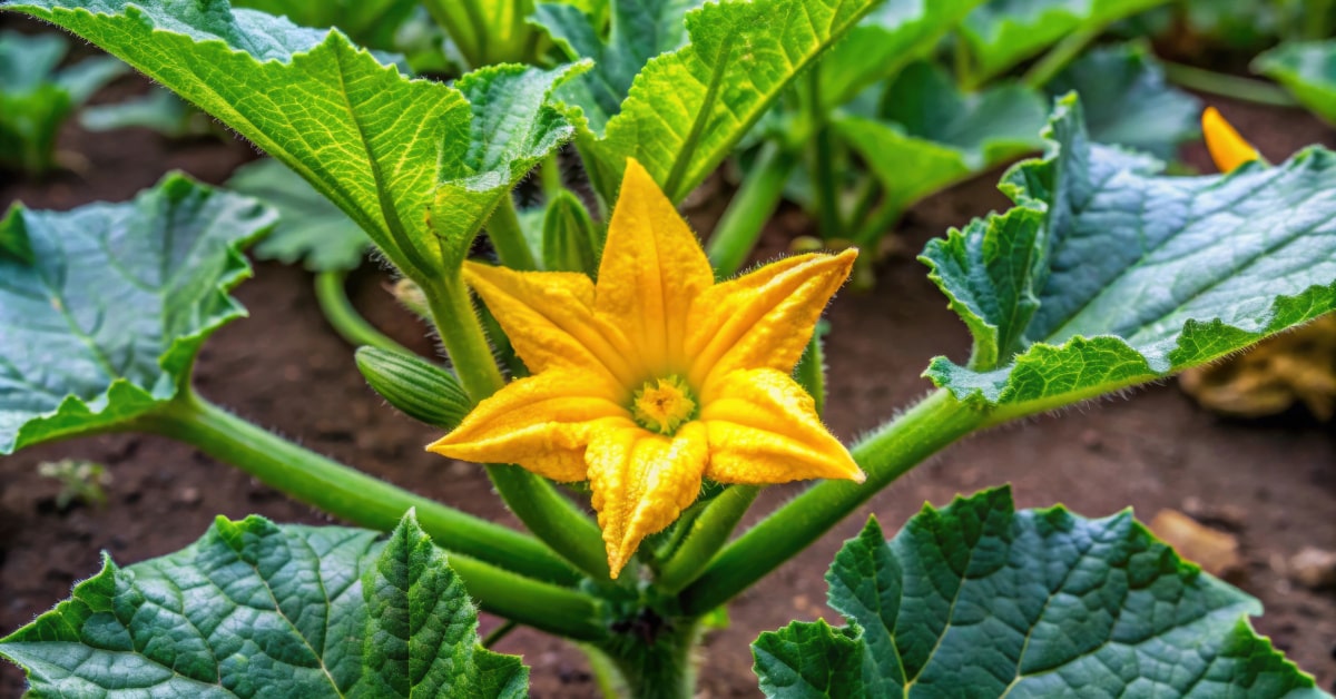 Pianta di zucchine nell'orto con fiore giallo aperto