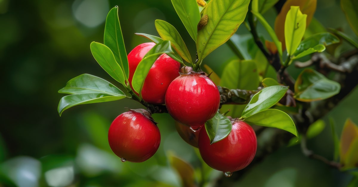 Frutti di acerola maturi sulla pianta verde