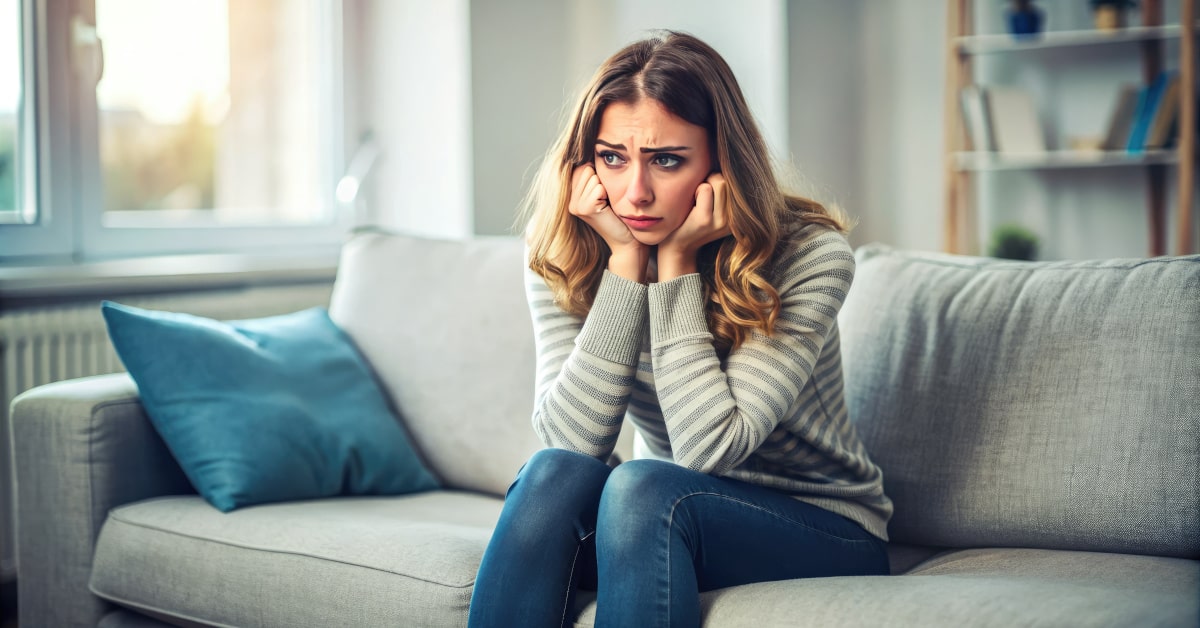 Donna seduta sul divano irritata e annoiata