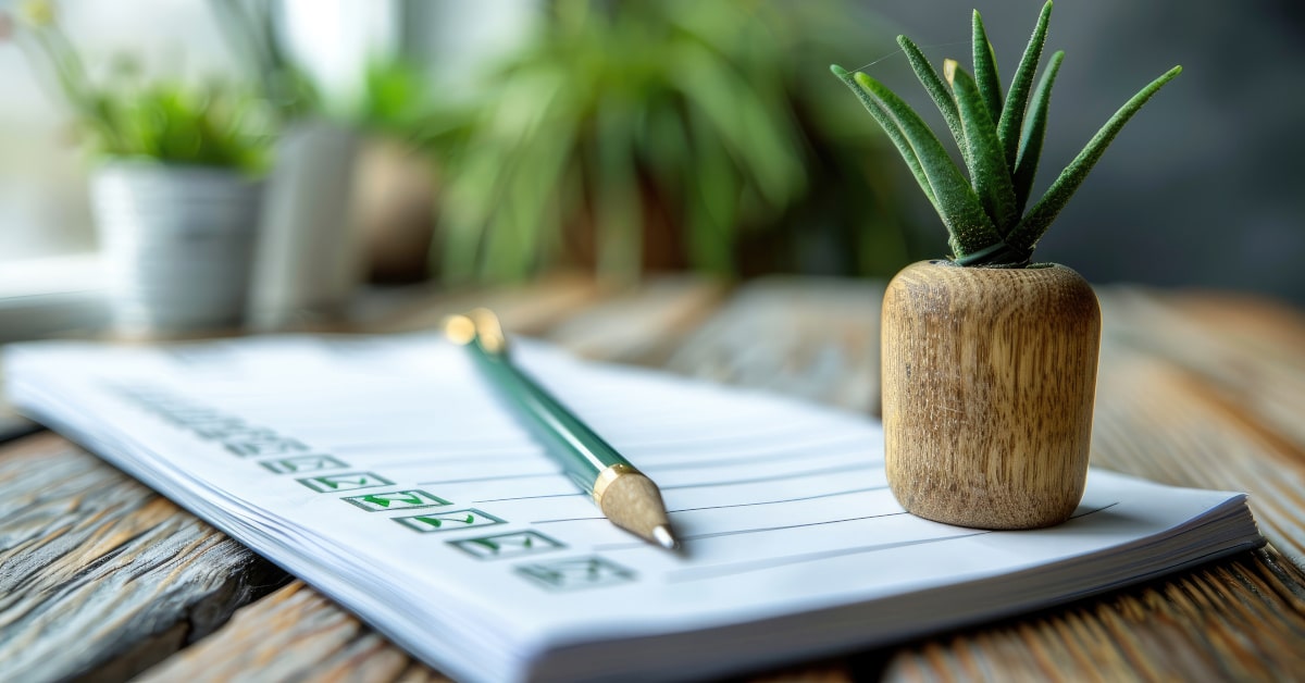 Quaderno per to do list con piantina di aloe sul tavolo