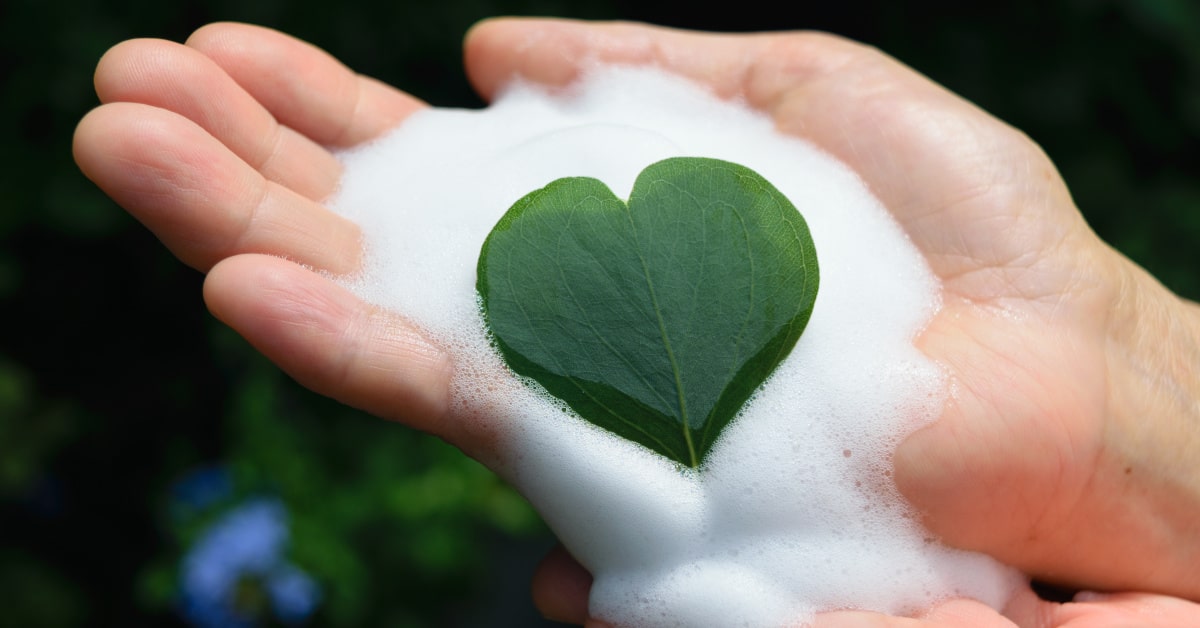 Mani di donna con schiuma di sapone bianca e foglia verde a forma di cuore