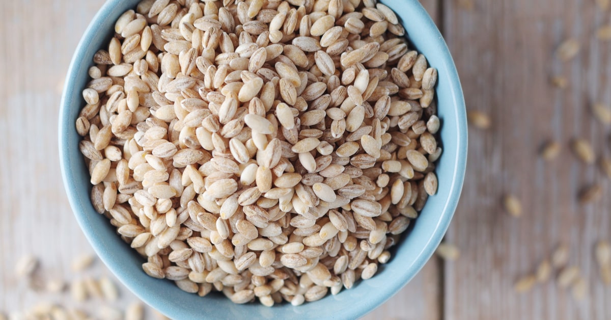 Ciotola con chicchi di orzo intero e crudo